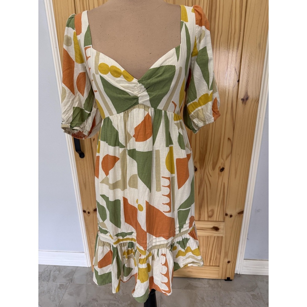 Dress Womens Medium Multicolor Geometric V Neck Puff‎ Sleeve Ruffle Sundress